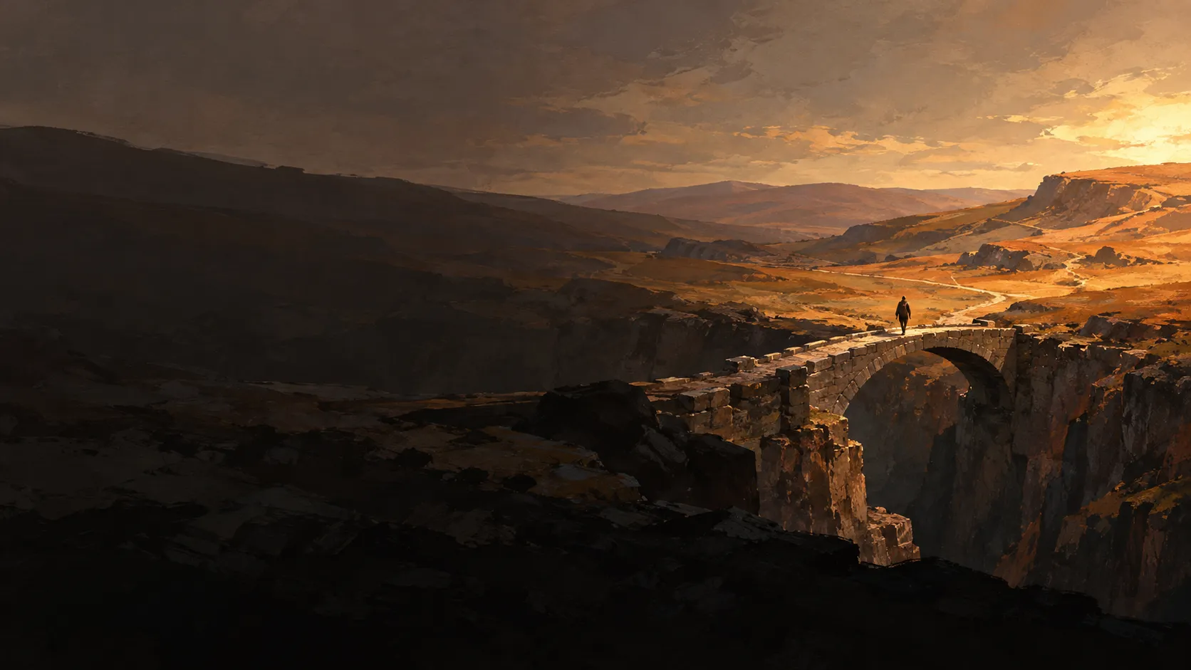 Painting of a lone figure crossing a stone arch bridge over a ravine in warm evening light.